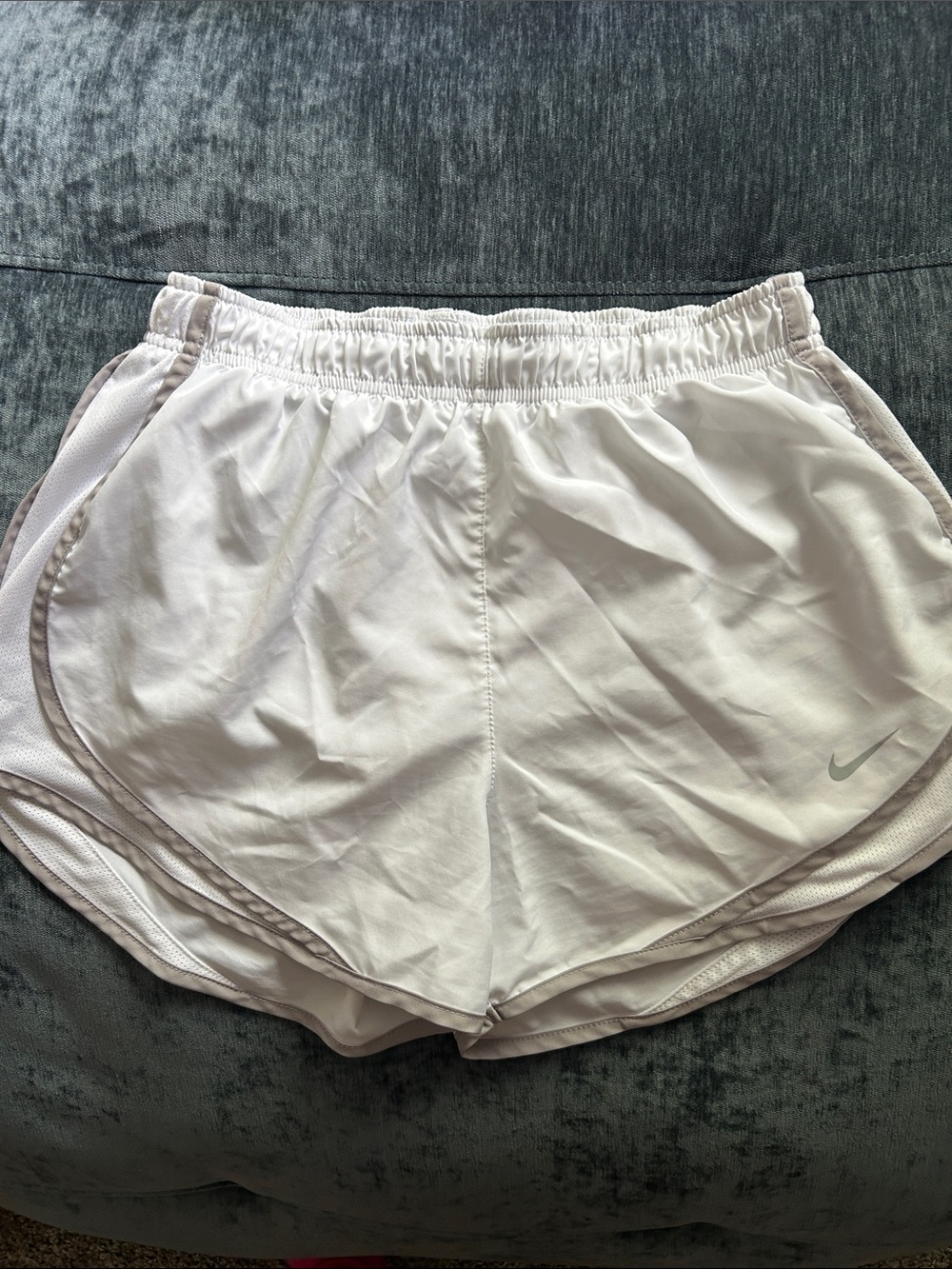 Nike Women’s White Athletic Running Shorts with Silver Swoosh